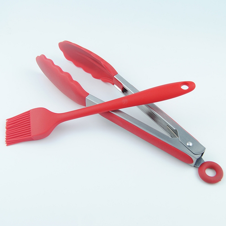 Heat Resistant Stainless Steel Tongs and Silicone Brush Set